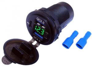 Ładowarka montażowa SZYBKA 2gn.USB +PD, voltomierz, hermetyczna, zielony LED