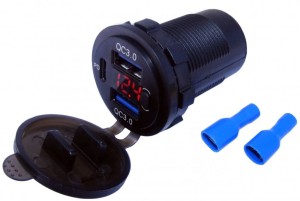 Ładowarka montażowa SZYBKA 2gn.USB +PB, voltomierz, hermetyczna, czerwony LED