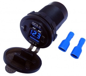 Ładowarka montażowa SZYBKA 2gn.USB + PD, voltomierz, hermetyczna, niebieki LED